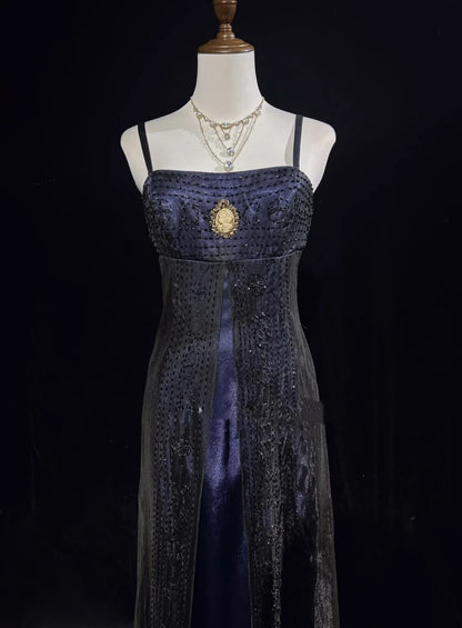 Vintage Prom Dresses A line Spaghetti Strap Navy Blue Tulle 80s With Beading Long Formal Evening Outfits N3871