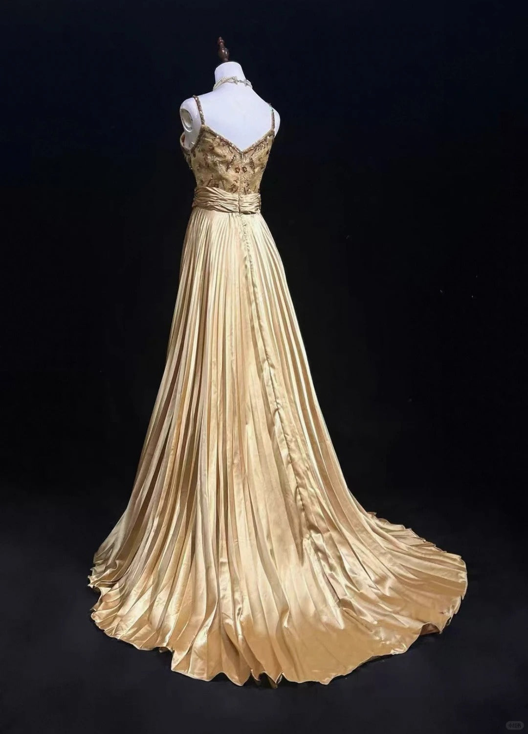 Vintage Prom Dresses 1950s A line Spaghetti Straps Gold Satin With Beads Sleeveless Evening Formal Outfits RB4335