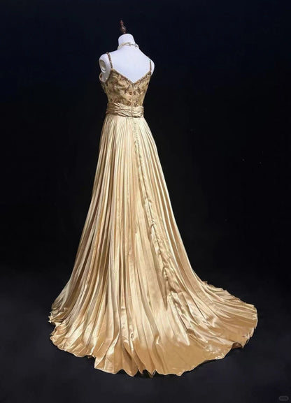 Vintage Prom Dresses 1950s A line Spaghetti Straps Gold Satin With Beads Sleeveless Evening Formal Outfits RB4335