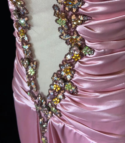 Vintage Prom Dresses 80s Mermaid Spaghetti Strap Pink Satin Long Formal Evening Outfits N3479