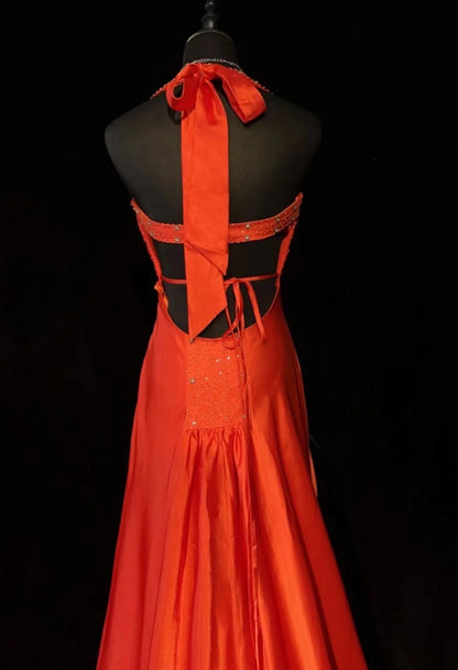 Vintage Prom Dresses A line Sweetheart Orange Satin Backless With Beading 1960s Long Formal Gown N2609
