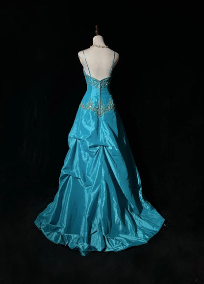 Vintage Prom Dresses Aesthetic 80s Retro Ball Gown Spaghetti Strap Blue Taffeta Floor Length Evening Outfits N2329