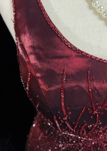 Vintage 90s Prom Dresses A Line Square Neck Burgundy Taffeta With Beads Long Prom Gown N3030