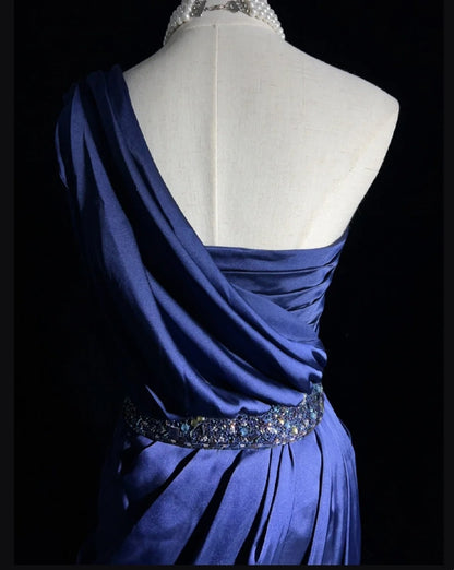Modest Sheath One Shoulder Navy Blue Satin Ideas For Women Short Birthday Dresses Mini Homecoming Outfits N3282