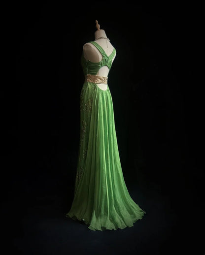 Vintage Prom Dresses Mermaid V Neck Chiffon Green With Beaded Appliqued 80s Long Formal Gown N2732