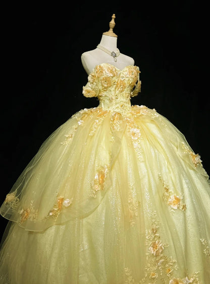 Fairy Quinceanera Dress Ball Gown Off The Shoulder Yellow Flowers Tulle With Lace Quince Dresses RC1136