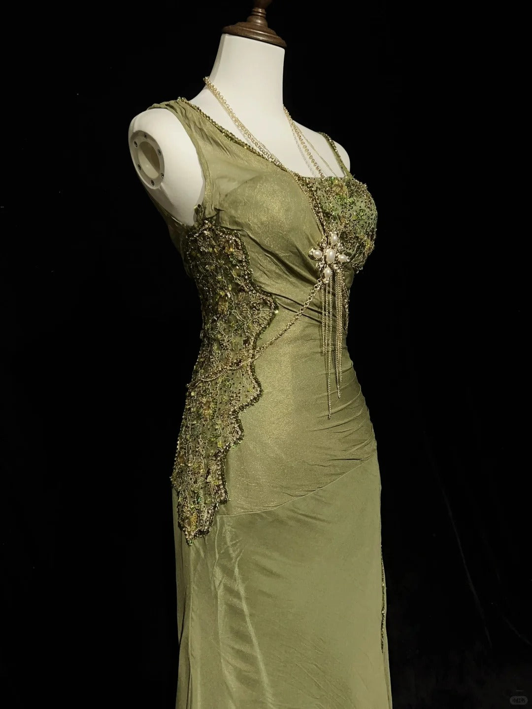 Vintage Prom Dresses Mermaid Olive Green Chiffon With Beading Formal Evening Outfits N3854