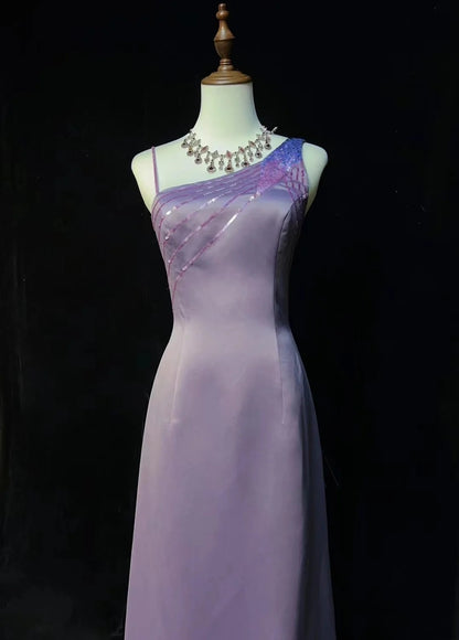 Vintage Prom Dresses A Line Lilac Satin Sleeveless 70s Beads Formal Gown N2568