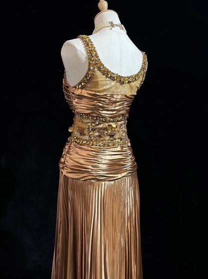 Vintage Prom Dresses Inspo A line V Neck With Gold Ruffled Beading For Women Formal Dress N3235