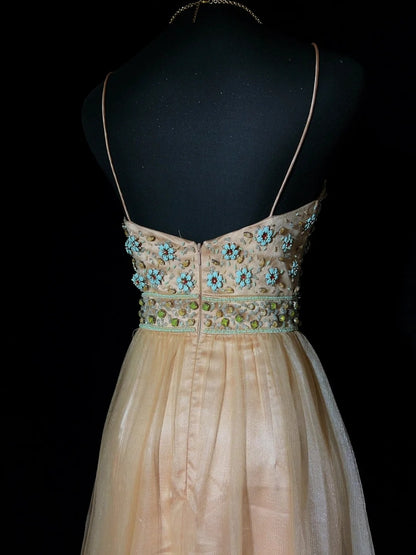 Vintage Prom Dresses 80s A line Spaghetti Strap Champagne Tulle Long Semi Formal Evening Outfits N3649