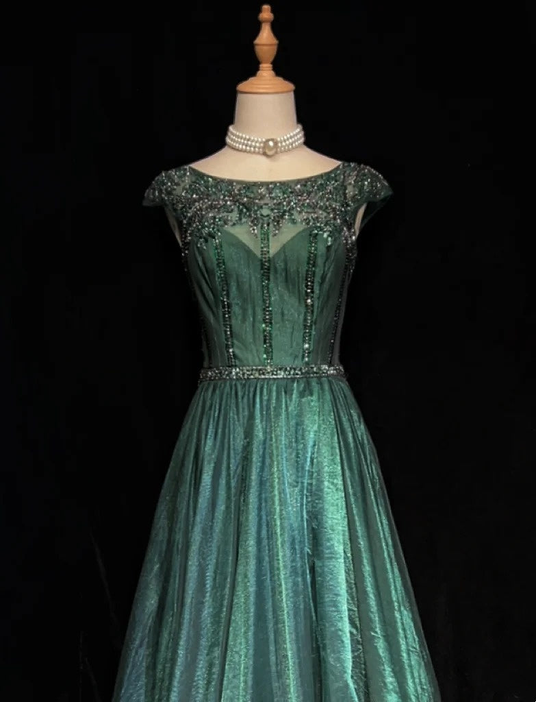 Vintage Prom Dresses A line Scoop Dark Green Tulle With Beading 90s Formal Gown N2590