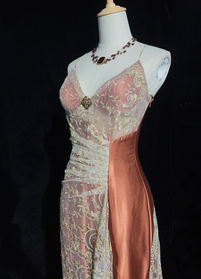 Modest Prom Dresses Mermaid Spaghetti Strap Gold Lace With Beading Long Evening Outfits N3462