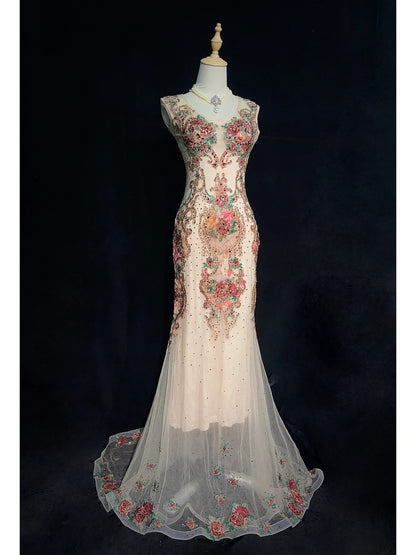 Beautiful Prom Dresses Mermaid White Tulle With Beads Appliqued Long Evening Outfits N3401