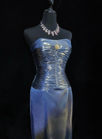 Vintage Prom Aesthetic Dresses A line Navy Blue With Beading Long Formal Dress N3025