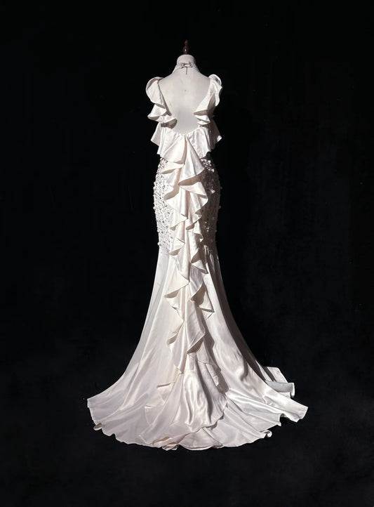Beautiful Prom Dresses Mermaid Sweetheart White Chiffon With Flowers Long Evening Outfits N3386