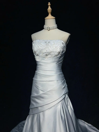 Modest Prom Dresses Mermaid One Shoulder Light Sky Blue Satin With Lace Long Formal Dance Dress N3000