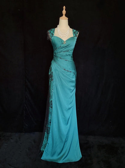 Vintage Prom Dresses Inspo Mermaid Sweetheart Blue With Black Lace Ruffled For Women Formal Dress N3248