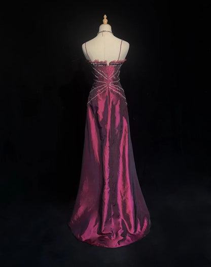 Vintage Prom Dresses Mermaid Spaghetti Strap Grape With Beading Taffeta 90s Long Formal Gown N2886