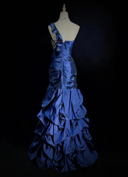 Elegant Prom Dresses Mermaid One Shoulder Navy Blue Ruffled Satin Floor Length Formal Evening Outfits N3487