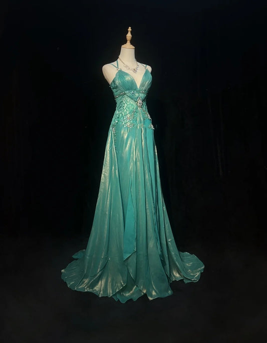 Elegant A Line Spaghetti Strap Blue Chiffon With Beaded Bodice Formal Dress Long Prom Dresses N2724