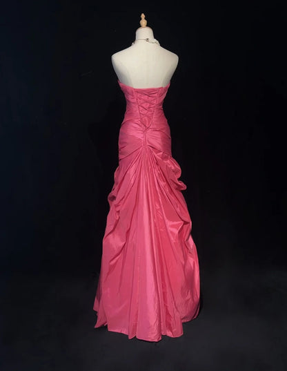 Vintage Prom Dresses Mermaid Strapless Hot Pink Satin With Tiered Layers 90s Long Evening Gown N2915