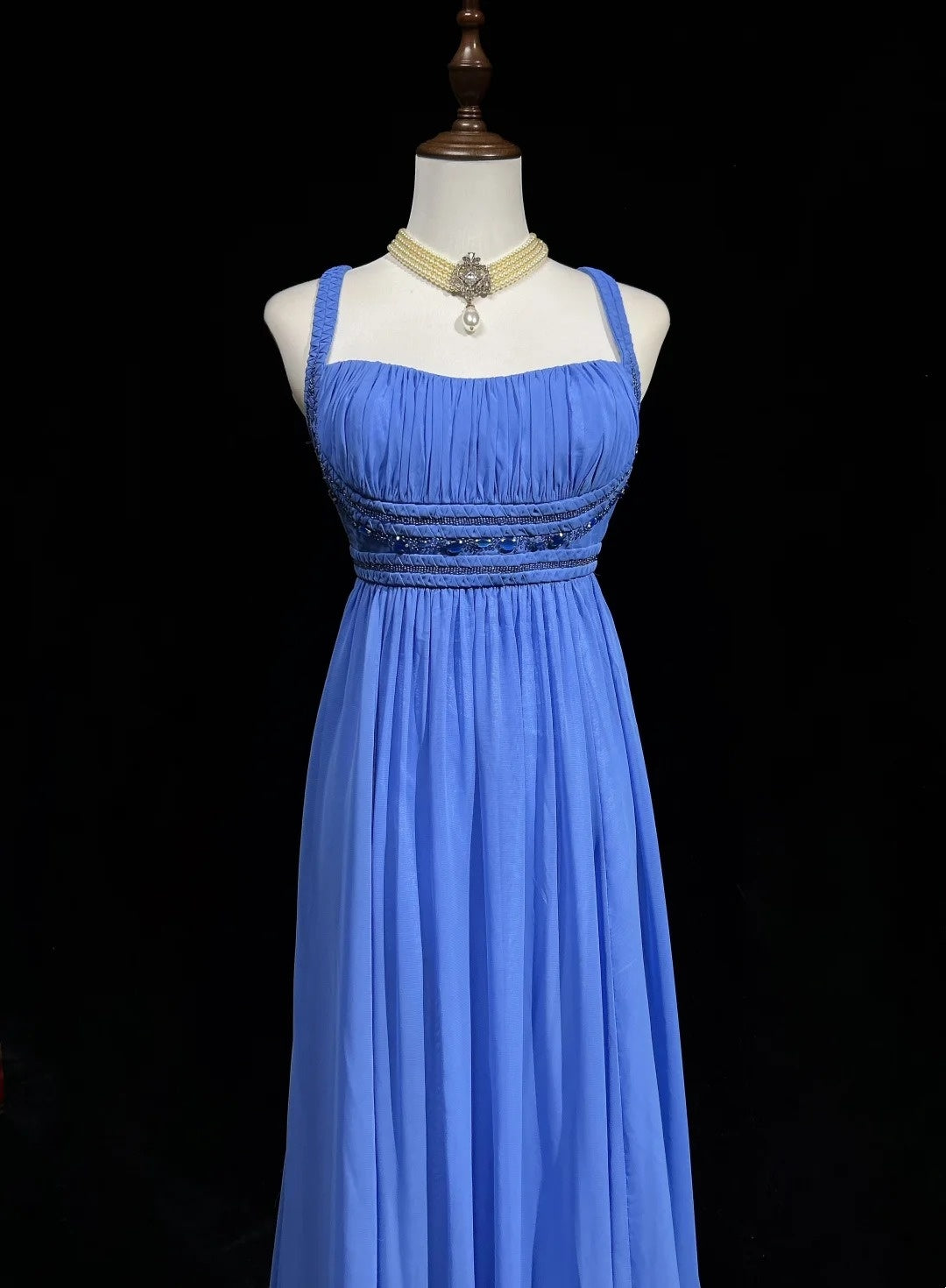 Vintage Prom Dresses A Line Spaghetti Strap Blue Chiffon With Beading Long Formal Dress N2446