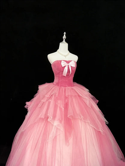 Cute Sweet 16 Dresses Long Ball Gown Strapless Pink Tulle Formal Sweet Sixteen Birthday Gown RC0252