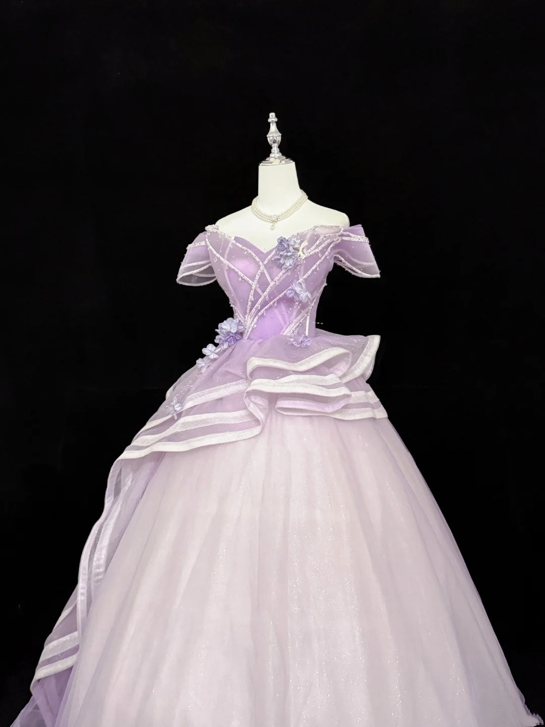 Lilac Prom Dress Long Floor Length Ball Gown Off Shoulder Tulle With Sleeves Formal Evening Gown For Women RC0279