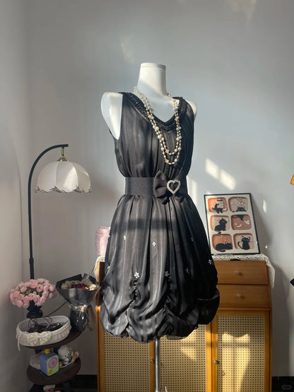 Vintage A line V Neck Little Black Dress With Bow 16th Birthday Homecoming Dress Graduation Outfit RB6793