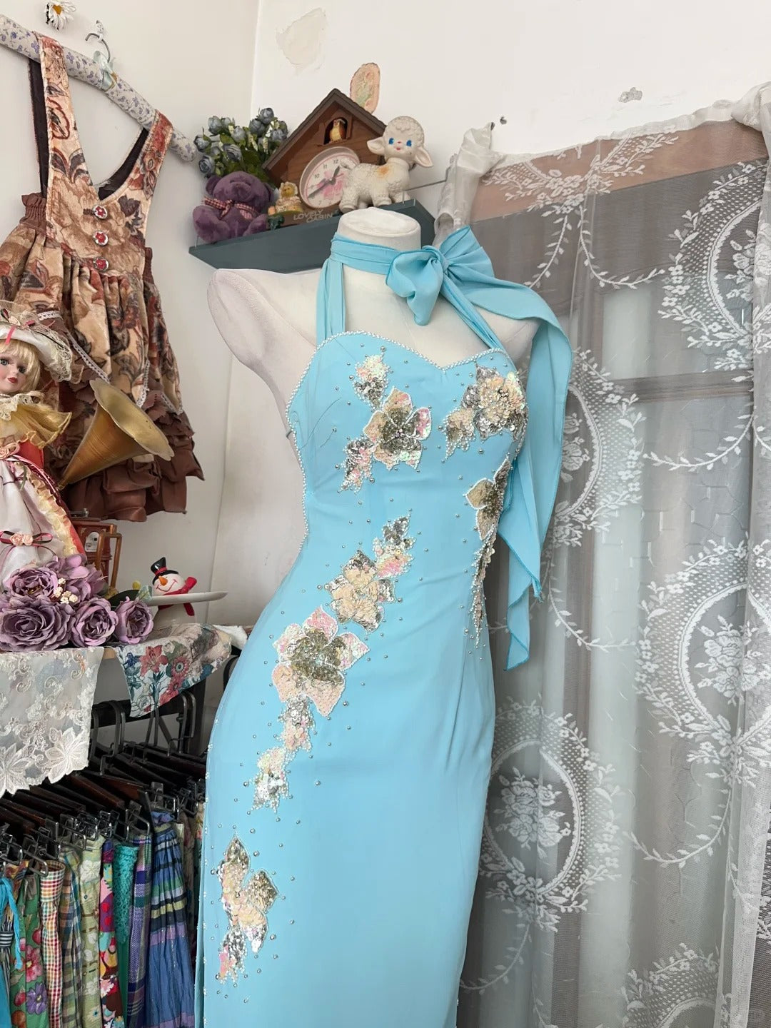 Vintage Prom Dresses Aesthetic 1960s Retro Mermaid Halter Light Sky Blue Backless Long Formal Dress N2255