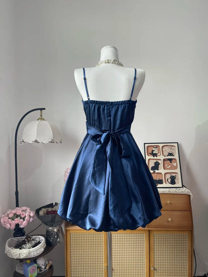 Vintage Ball Gown Spaghetti Strap Navy Blue Satin 16th Birthday Homecoming Dress Graduation Outfit RB6791