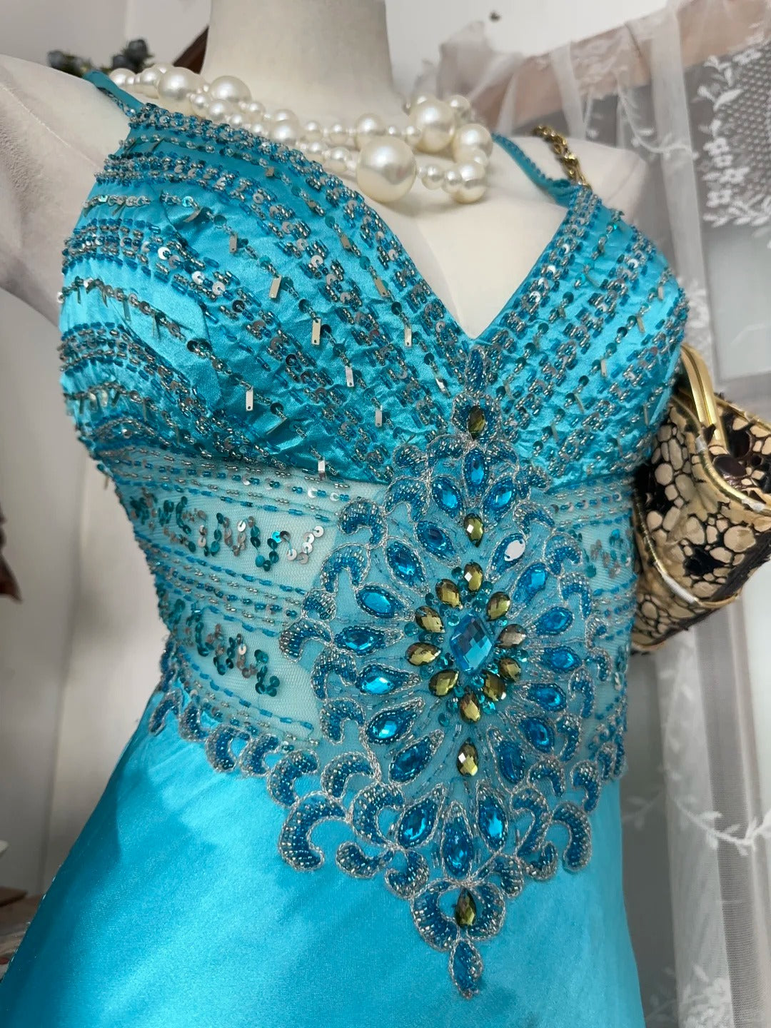 Vintage Mermaid Spaghetti Strap Blue Slit Satin Sleeveless Formal For Women Girls Teens Prom Dresses N2258
