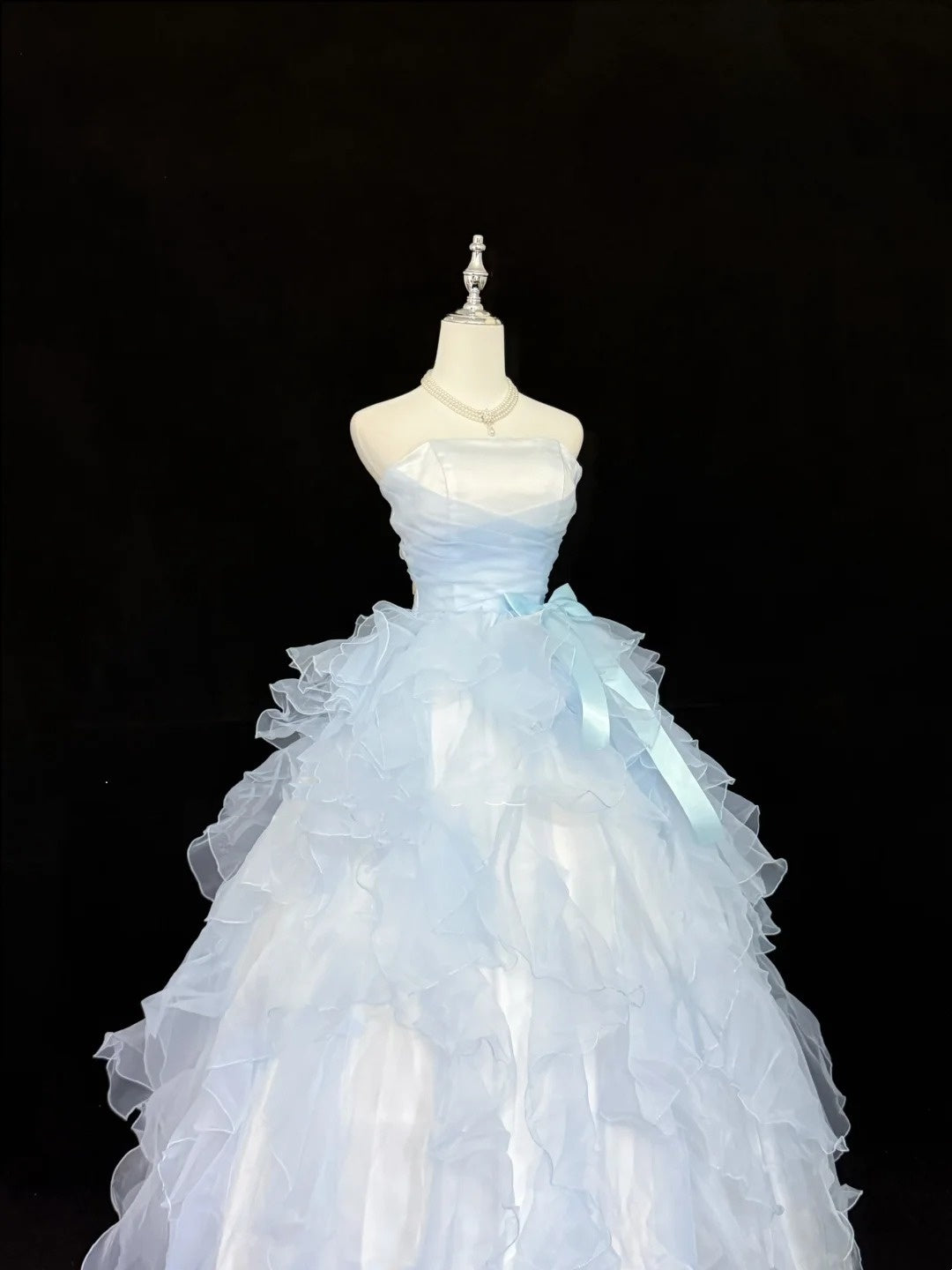 Light Sky Blue Prom Dress Long Floor Length Ball Gown Strapless With Tiered Layers Formal Evening Gown For Women RC0227
