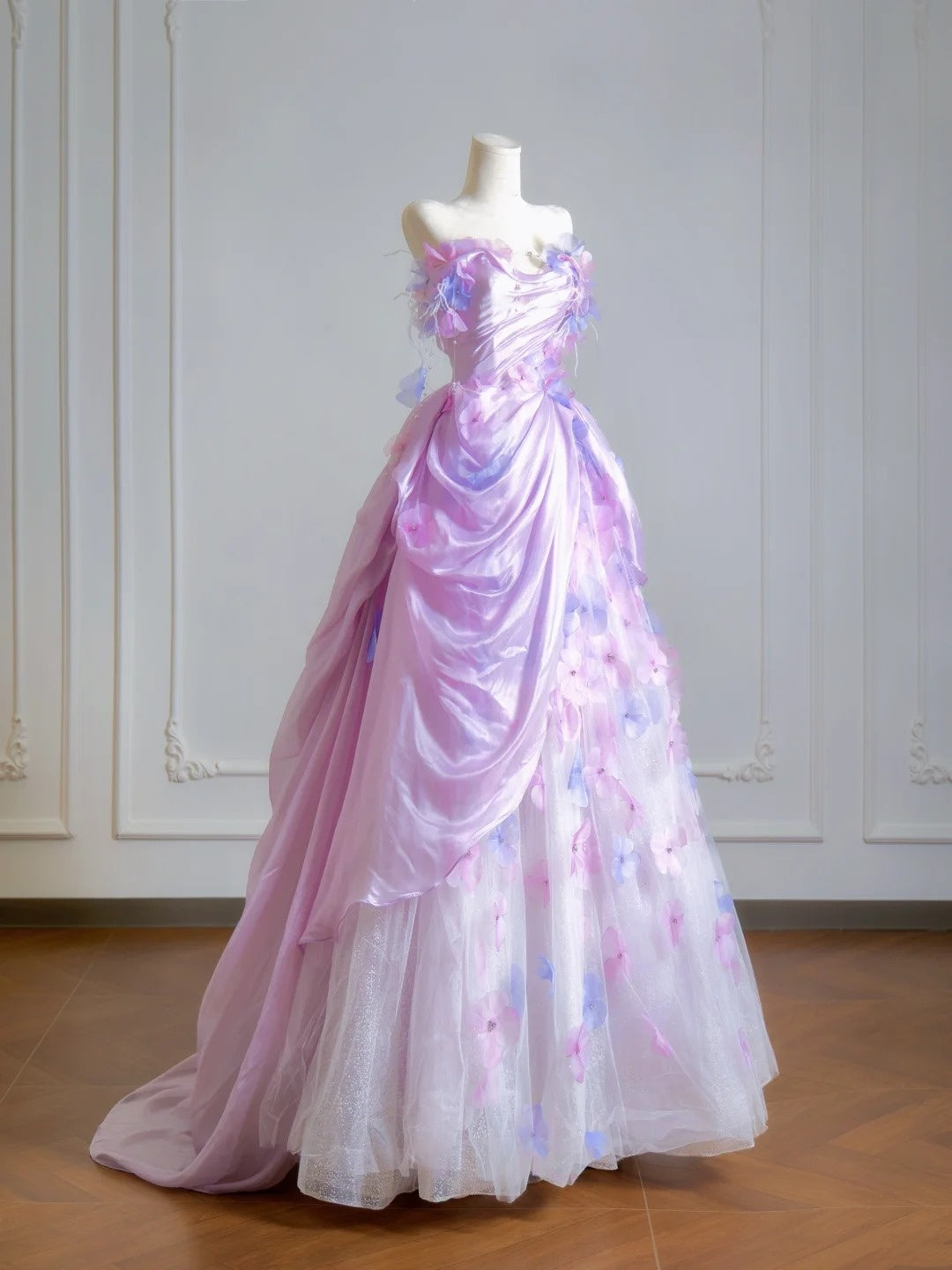 Timeless Ball Gown Strapless Lilac Floral Tulle Long Prom Dresses Inspiration Party Gowns N399
