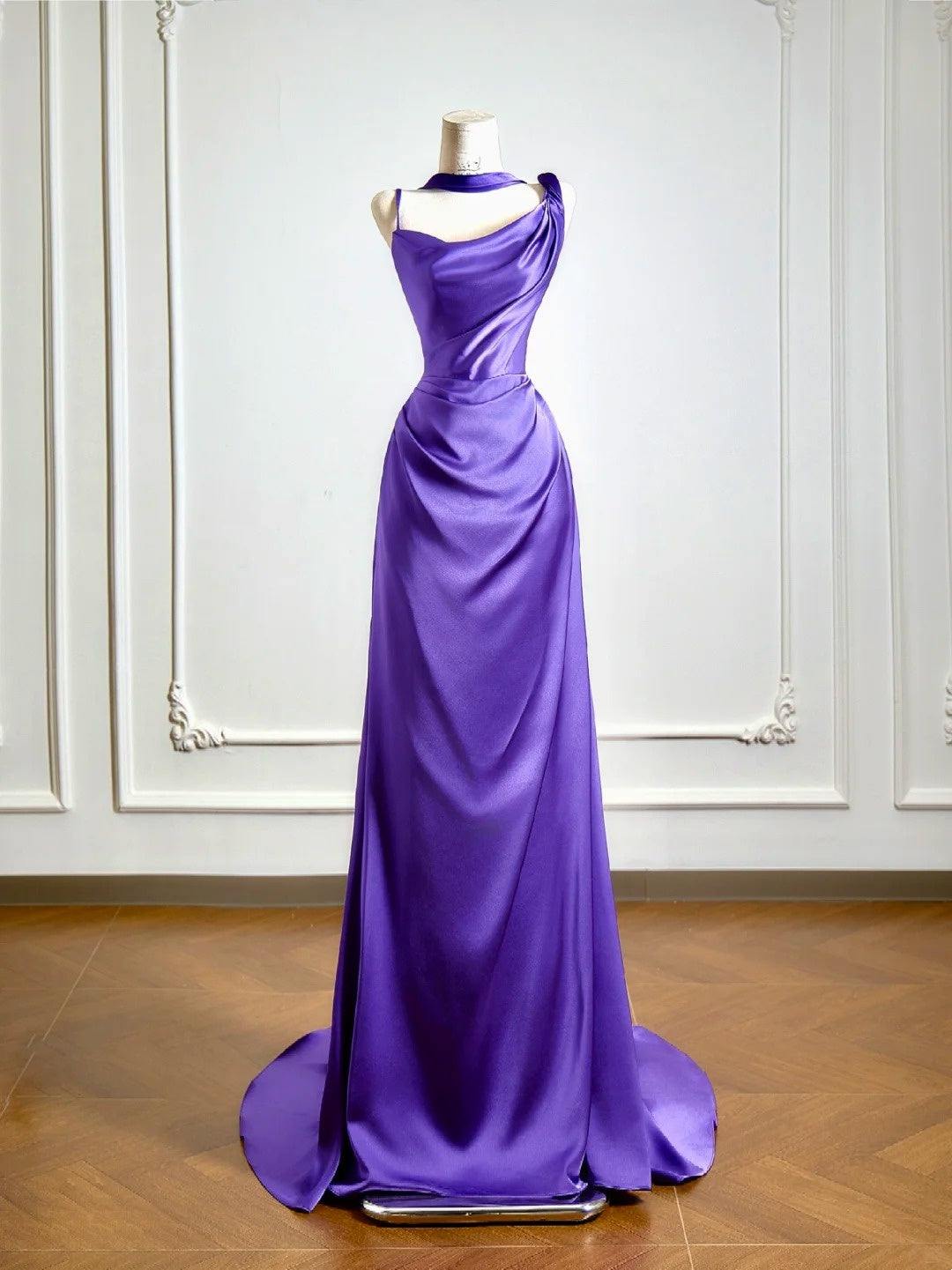 Simple Mermaid Grape Satin Asymmetrical Neck Prom Dresses Long Evening Formal Gown With Scarf Party Gowns N346