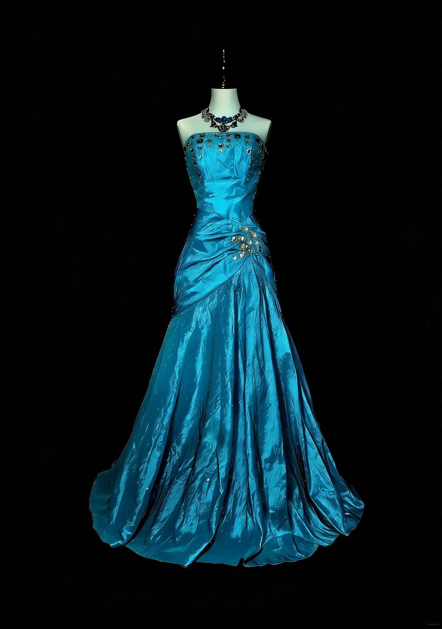 Vintage Mermaid Strapless Blue 2000s With Gold Beads Prom Dresses Long Formal Party Gown N1358