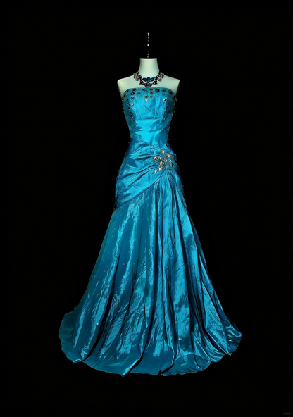 Vintage Mermaid Strapless Blue 2000s With Gold Beads Prom Dresses Long Formal Party Gown N1358