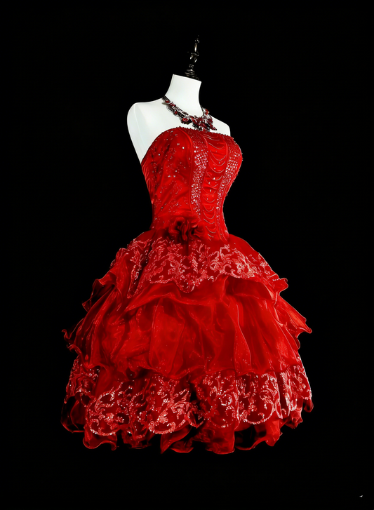 Unique Ball Gown Strapless Lace Red Inspo Vintage Fashion 2000s Hoco Gowns Short Inspo Homecoming Dresses N2012