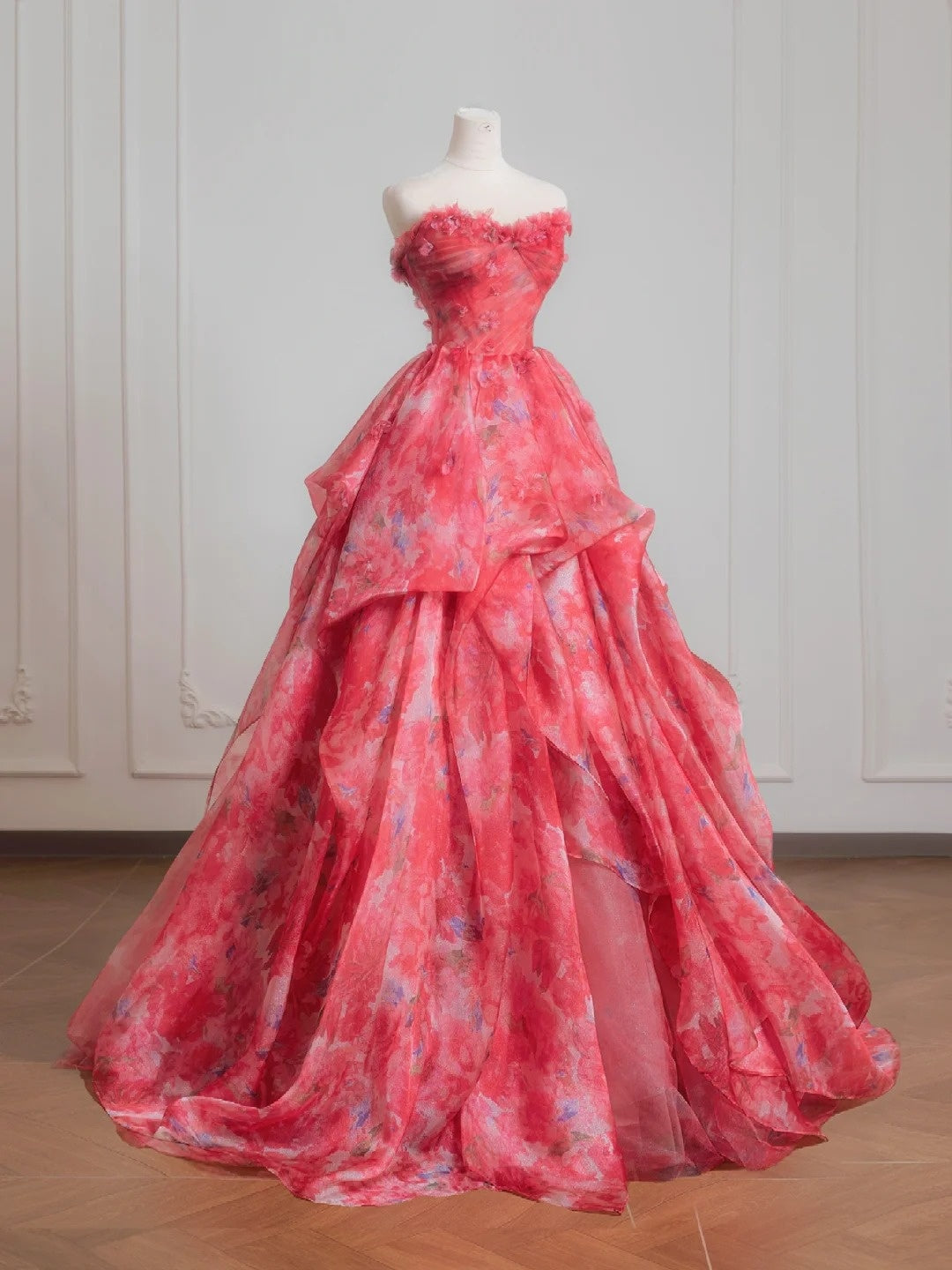 Sweet Ball Gown Sweetheart Pink Floral Chiffon Long Formal Evening Dress Formal Birthday Gowns Prom Dresses N727