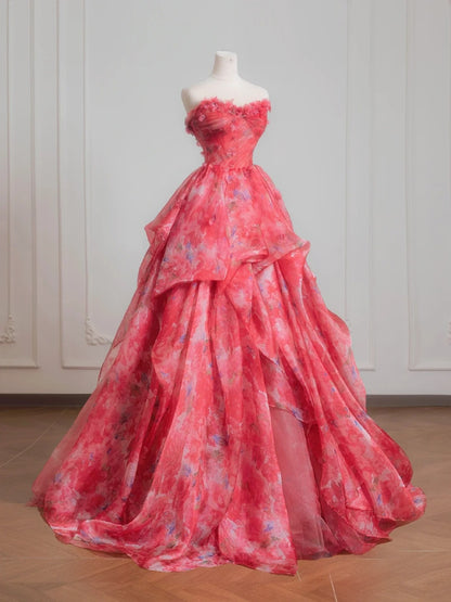 Sweet Ball Gown Sweetheart Pink Floral Chiffon Long Formal Evening Dress Formal Birthday Gowns Prom Dresses N727