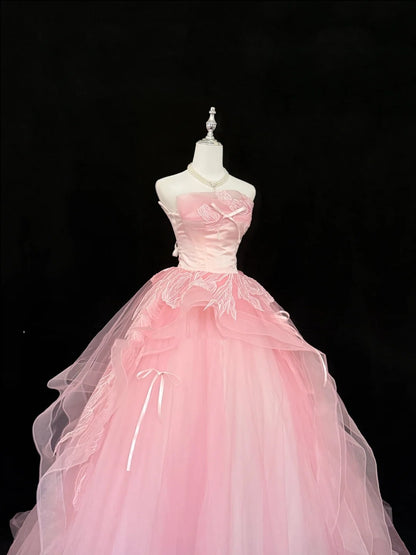 Sweet 16 Dresses Long Ball Gown Sweet Sixteen Long Birthday Dress Strapless Appliqued Pink Formal Gown RC0301