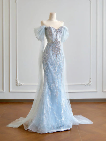 Luxurious Mermaid Off The Shoulder Light Sky Blue With Short Sleeves Prom Dresses Long Evening Formal Birthday Party Gowns N379