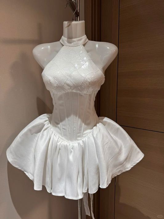 Cute Ball Gown High Neck White Sequin Night In Rio Inspo Hoco Dress Ideas Homecoming Dresses RB4032