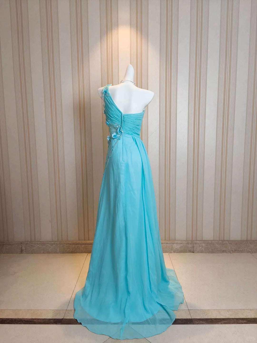 Vintage Prom Dresses A line One Shoulder Blue Chiffon 80s With Flowers Long Formal Evening Outfits N4217