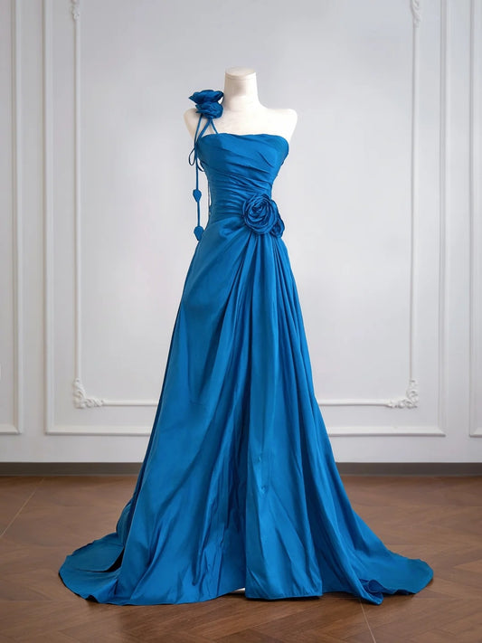 Simple A Line One Shoulder Royal Blue With Flowers Long Prom Dresses Impress 18th Birthday Outfits Party Gown N342