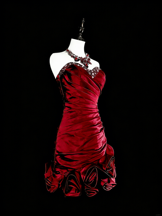Cute Sheath Strapless Burgundy Satin Short Mini Homecoming Dresses N2380