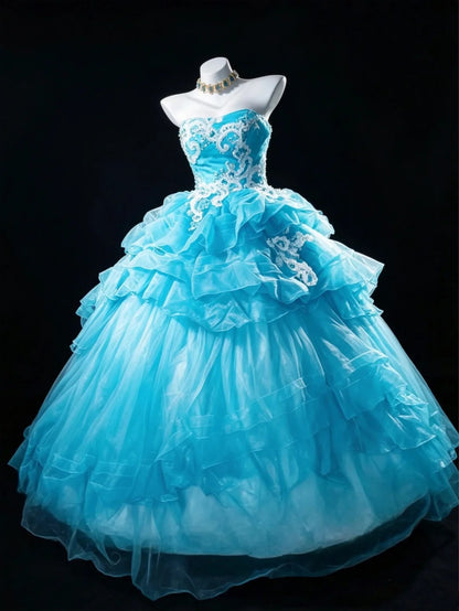 Sweet Ball Gown Sweetheart Blue Tulle With Appliqued Quince Dress Long Sweet 15 16 Quinceanera Dresses Vestido de princesa RB4474