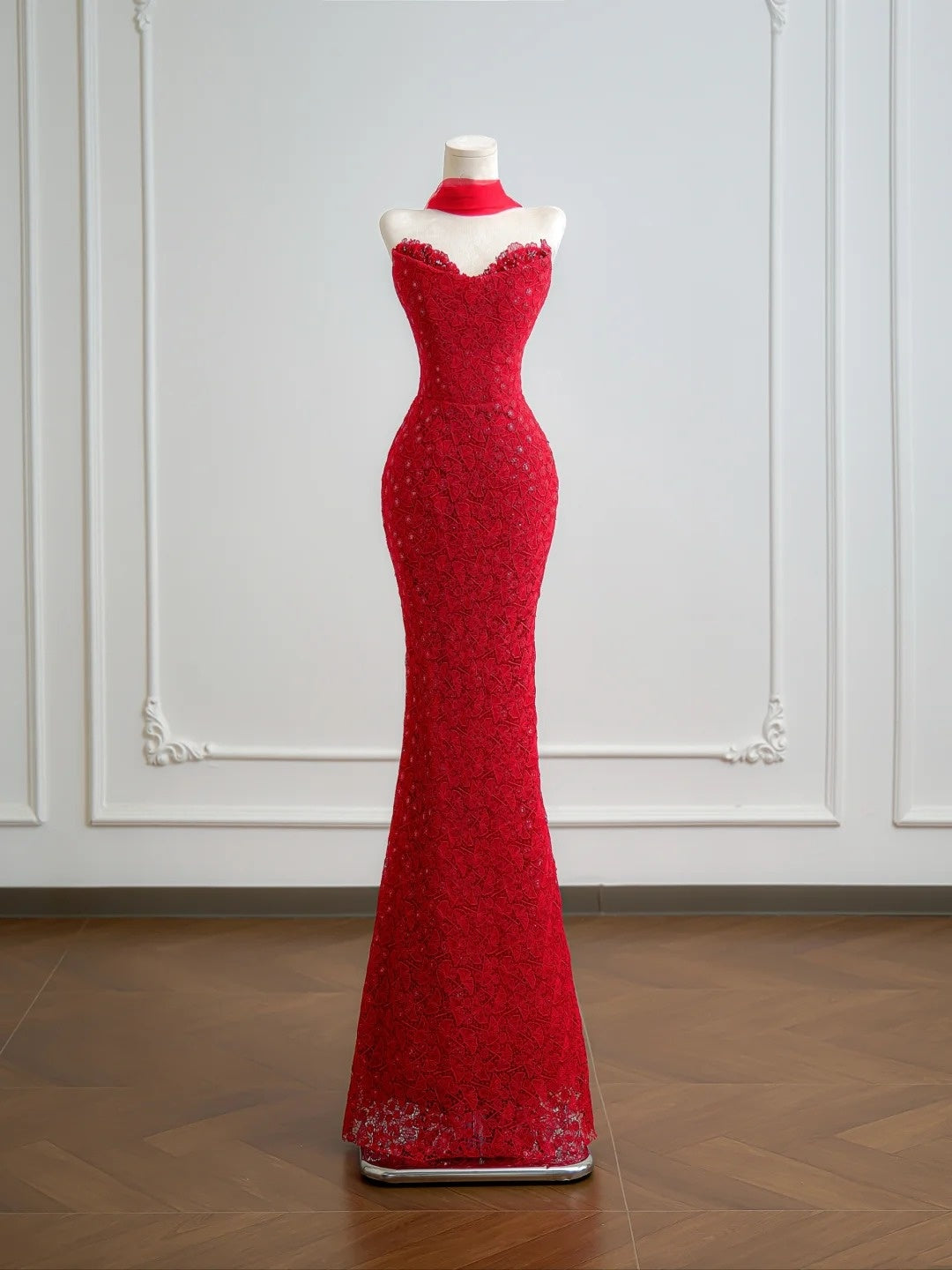 Romantic Mermaid Sweetheart Red Lace With Scarf Long Prom Dresses Impress 18th Birthday Outfits Party Gown N395