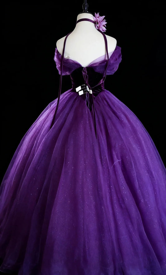 Modest Prom Dresses Ball Gown Off The Shoulder Purple Tulle With Sleeves Long Quince Dress N2966