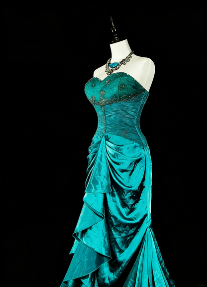 Vintage Prom Dresses Aesthetic 1960s Retro Mermaid Green Satin Long Formal Dress N2149